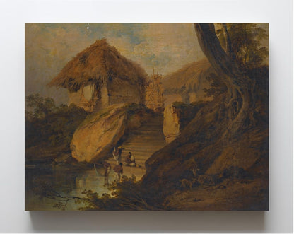Figures Washing In A River With Thatched Huts Behind, Bengal, India