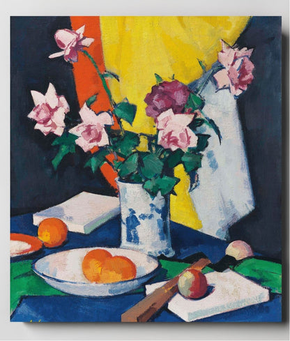 Red and pink roses, oranges and fan