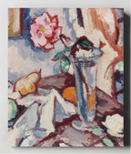Pink rose in a glass vase with fruit