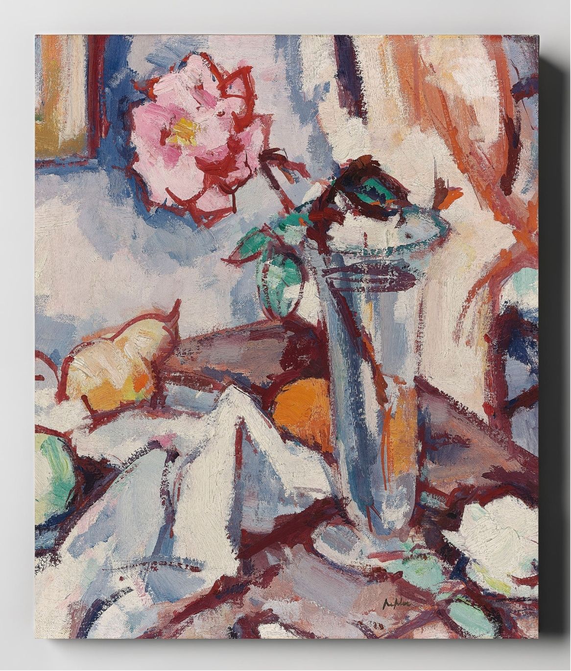 Pink rose in a glass vase with fruit
