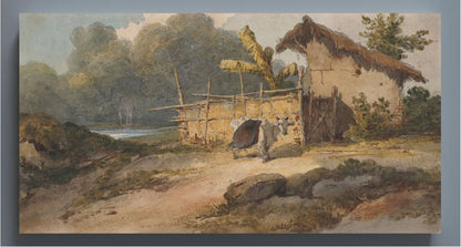 A hut by a river with a cow, Bengal