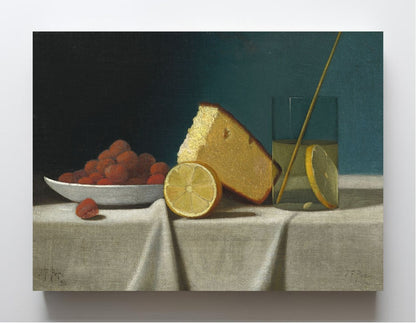 Still Life with Cake,Lemon Strawberries and Glass