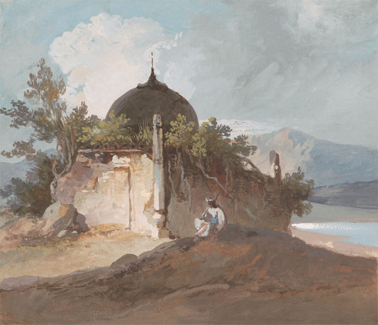 Figure Seated by an Indian Temple