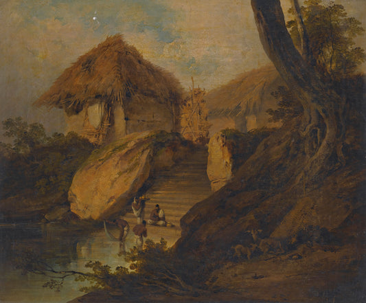 Figures Washing In A River With Thatched Huts Behind, Bengal, India