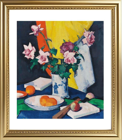 Red and pink roses, oranges and fan