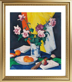 Red and pink roses, oranges and fan