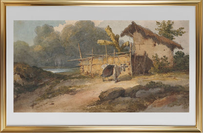A hut by a river with a cow, Bengal