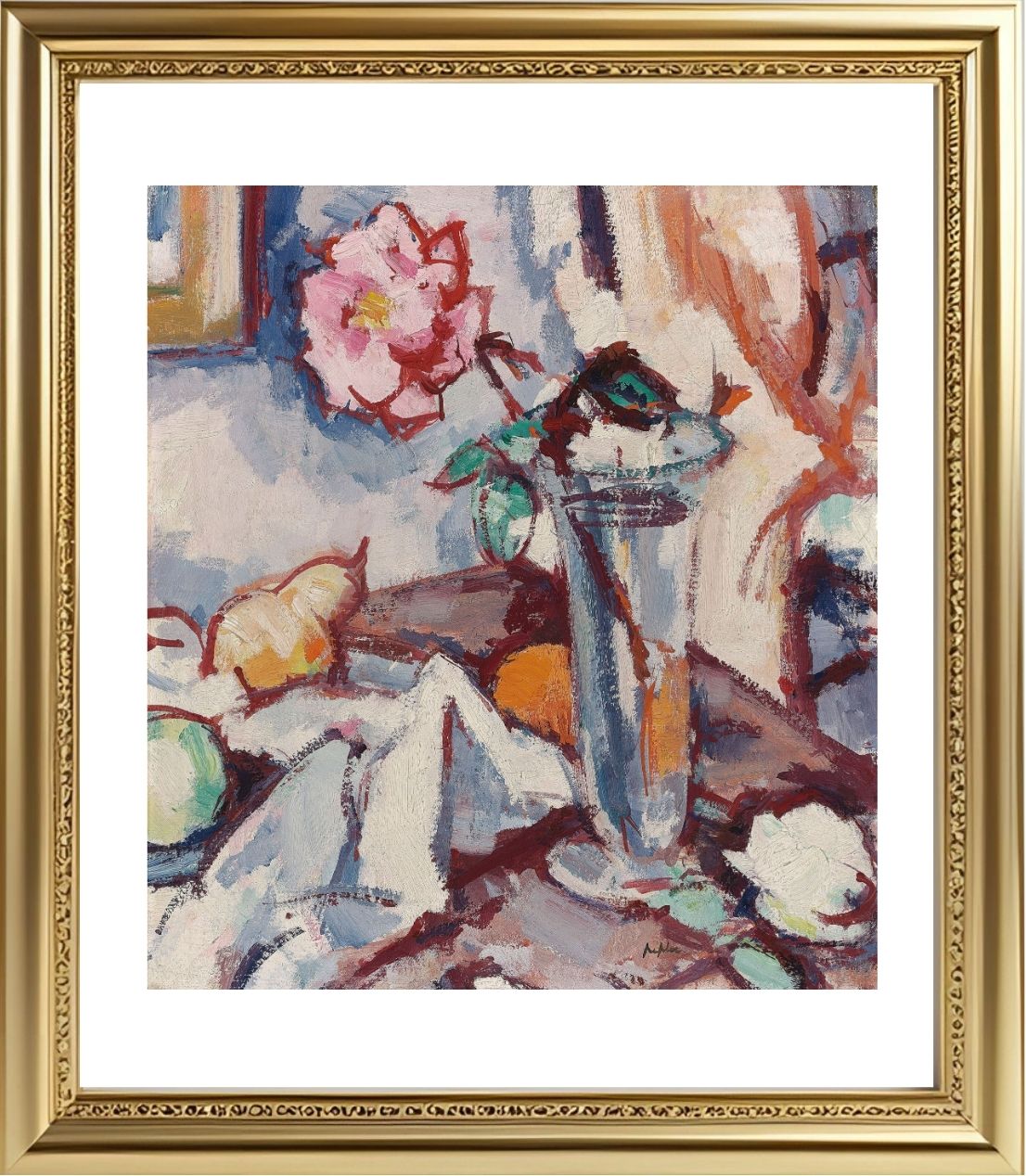 Pink rose in a glass vase with fruit