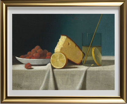 Still Life with Cake,Lemon Strawberries and Glass