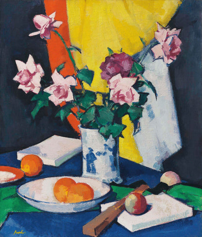 Red and pink roses, oranges and fan