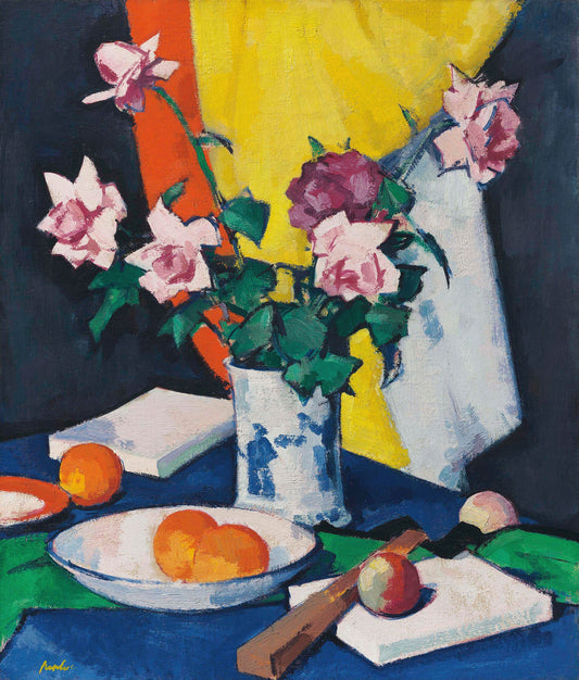 Red and pink roses, oranges and fan