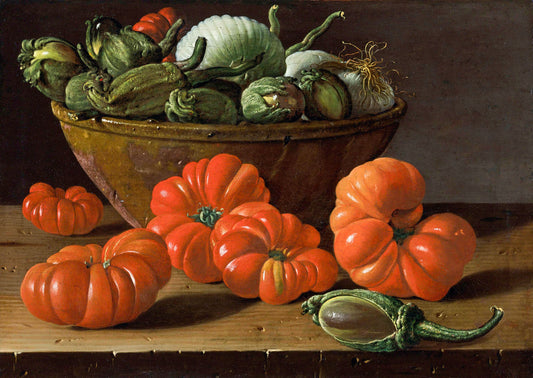 Still Life With Tomatoes, A Bowl Of Aubergines And Onions