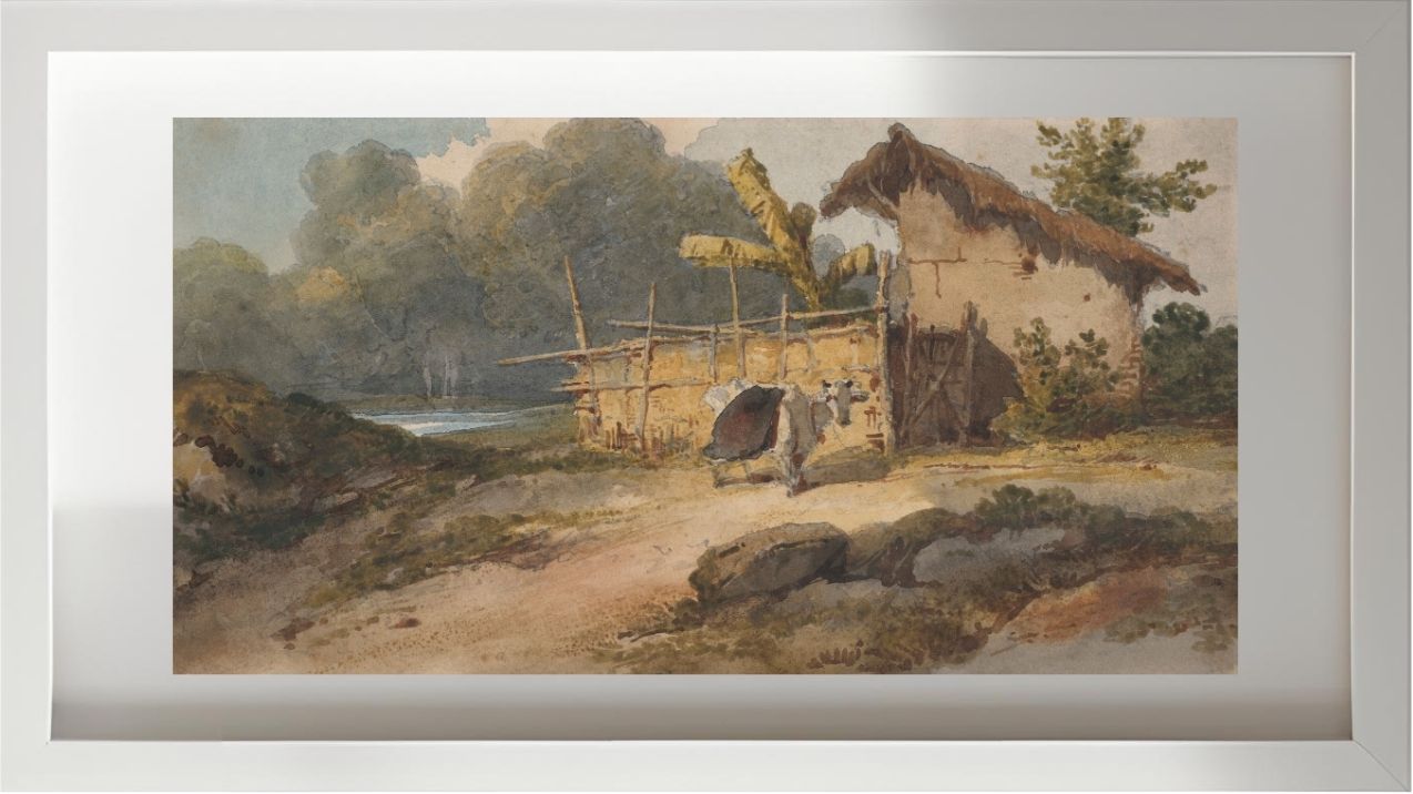 A hut by a river with a cow, Bengal