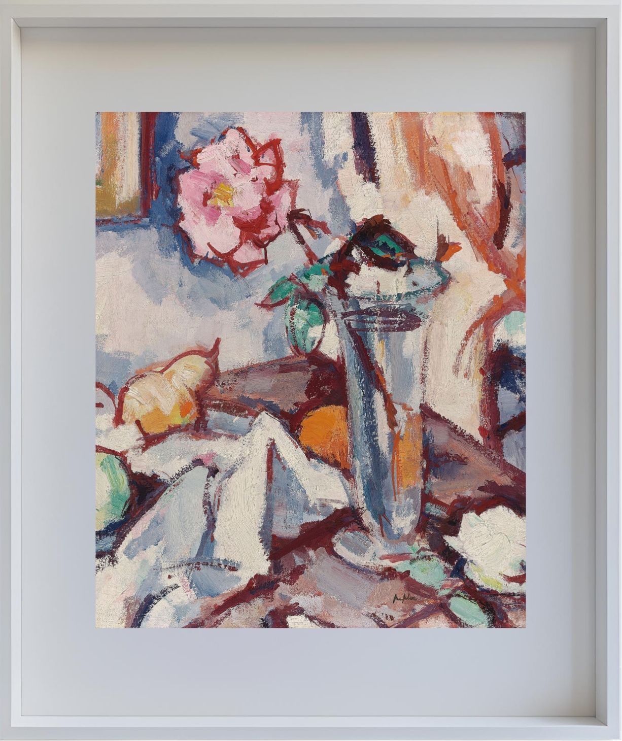 Pink rose in a glass vase with fruit