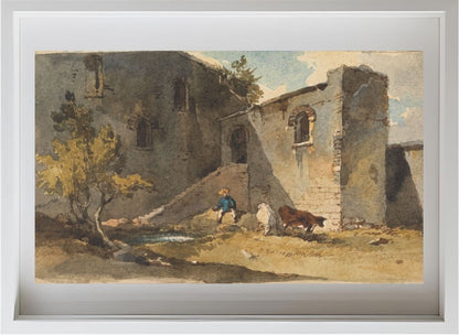 Figure with Cattle Standing in the Shadow of a Building
