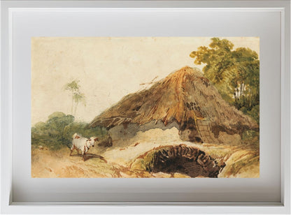 A Bengal scene with a thatched dwelling and a goat beside a bridge