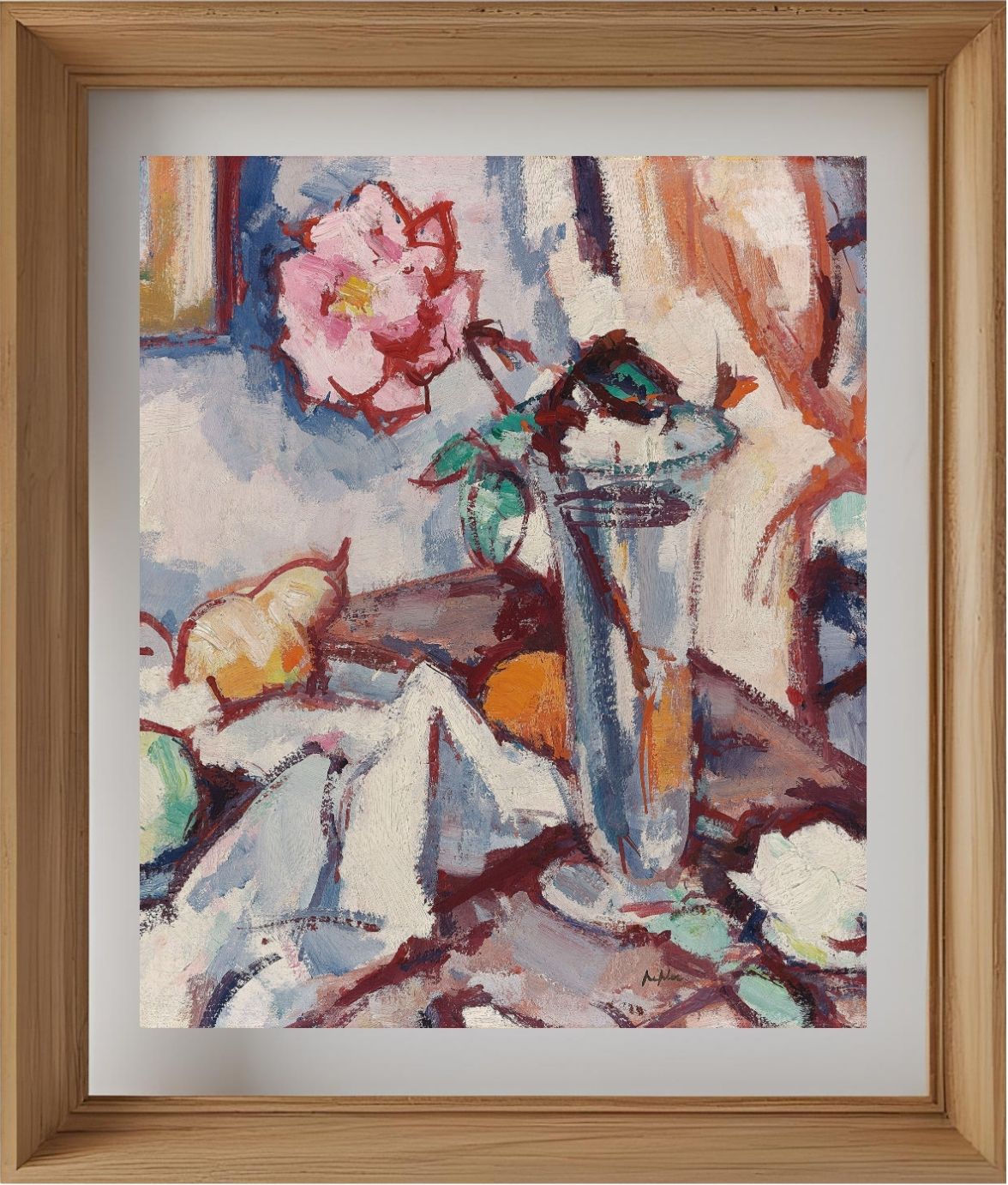 Pink rose in a glass vase with fruit