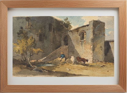 Figure with Cattle Standing in the Shadow of a Building