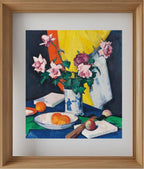 Red and pink roses, oranges and fan
