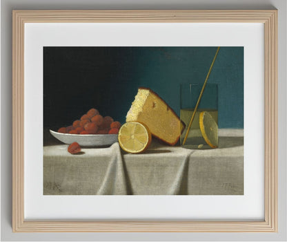 Still Life with Cake,Lemon Strawberries and Glass